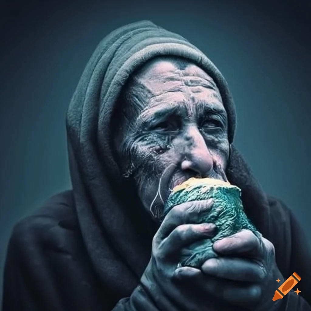image of a homeless person eating in a cold environment