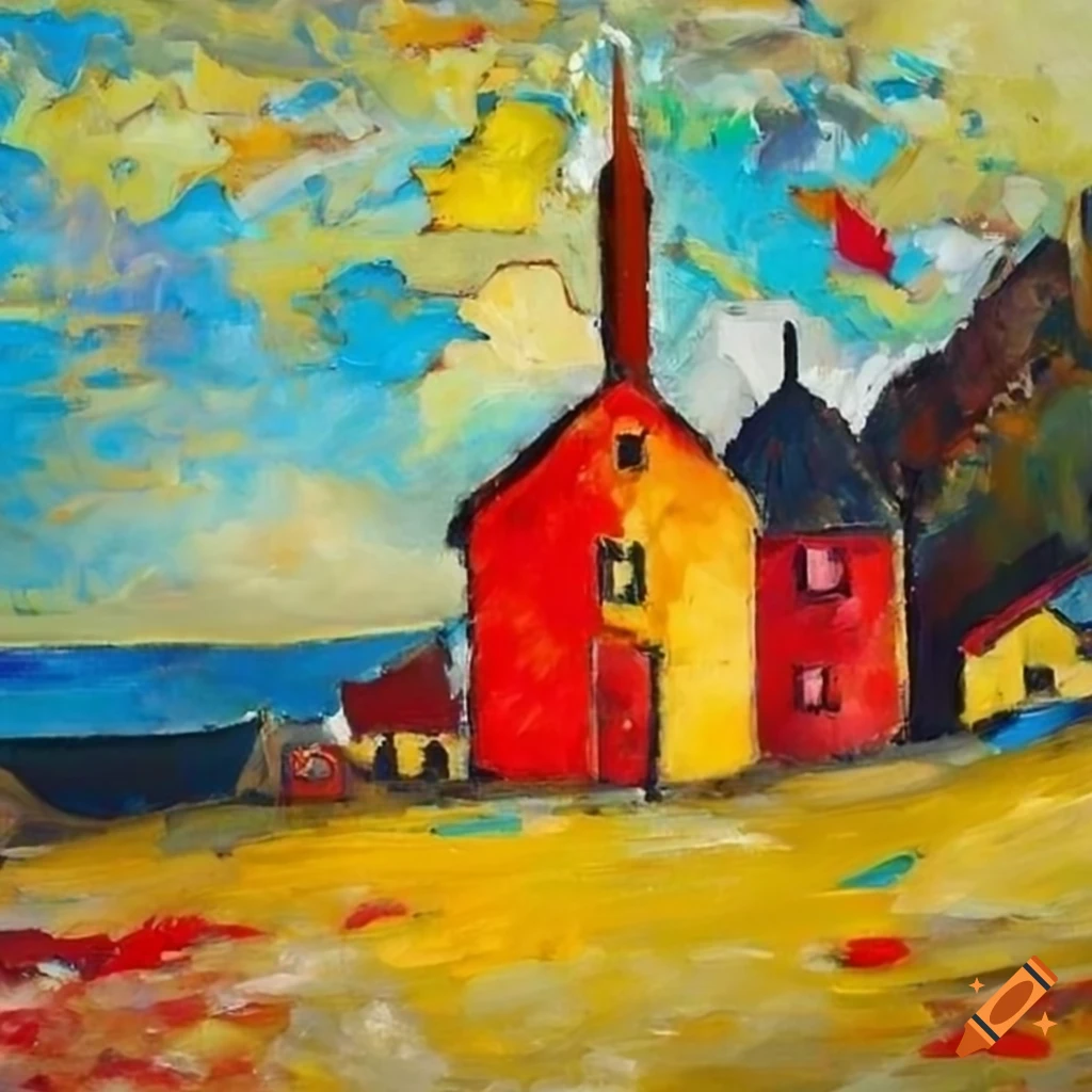 Yellow and red oil painting of a coastal town in norway on Craiyon