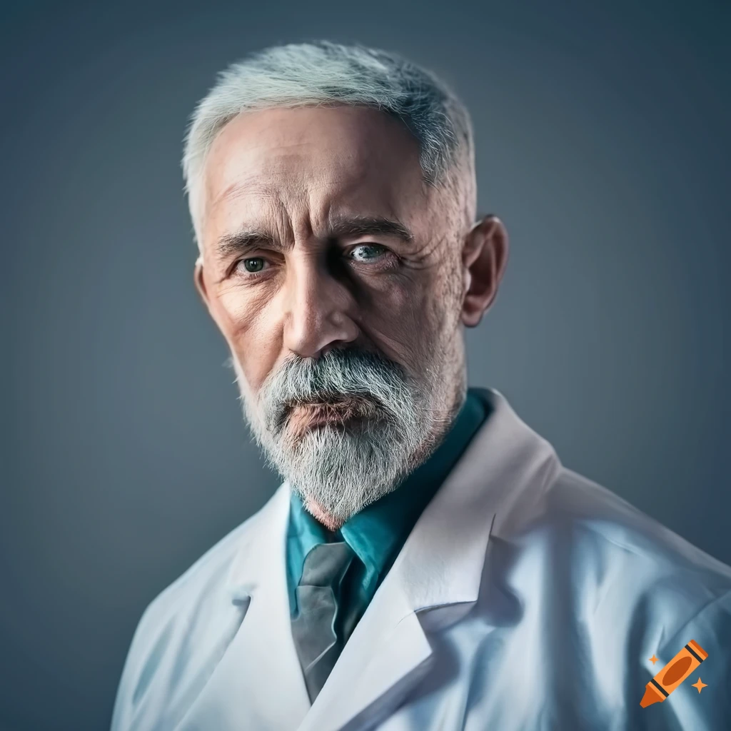 Close-up portrait of a mature man in a lab coat