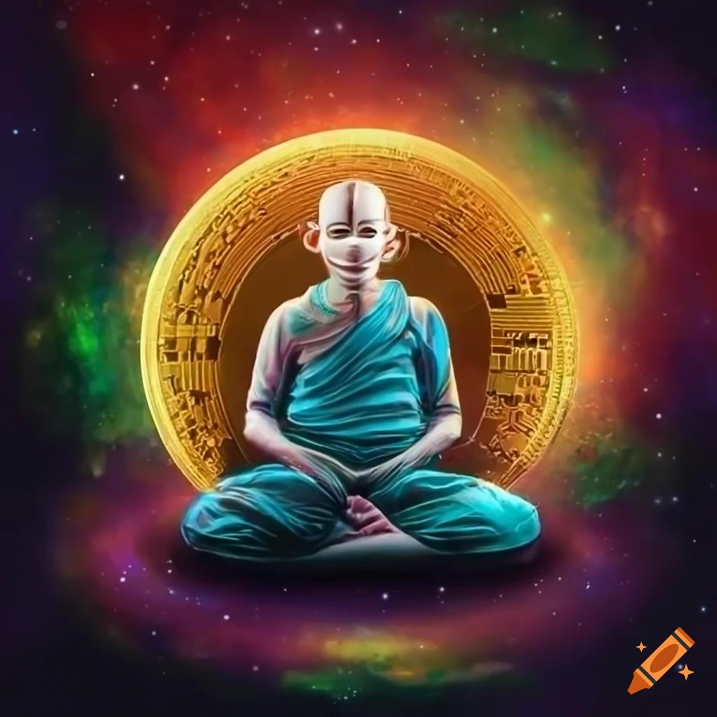 Meditating monk on bitcoin coin in a colorful universe on Craiyon
