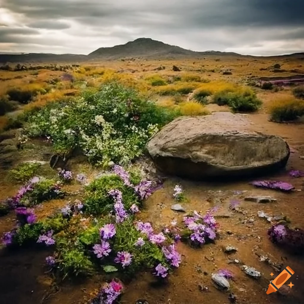 Postapocalyptic photo of a rock on mars with flowers on Craiyon