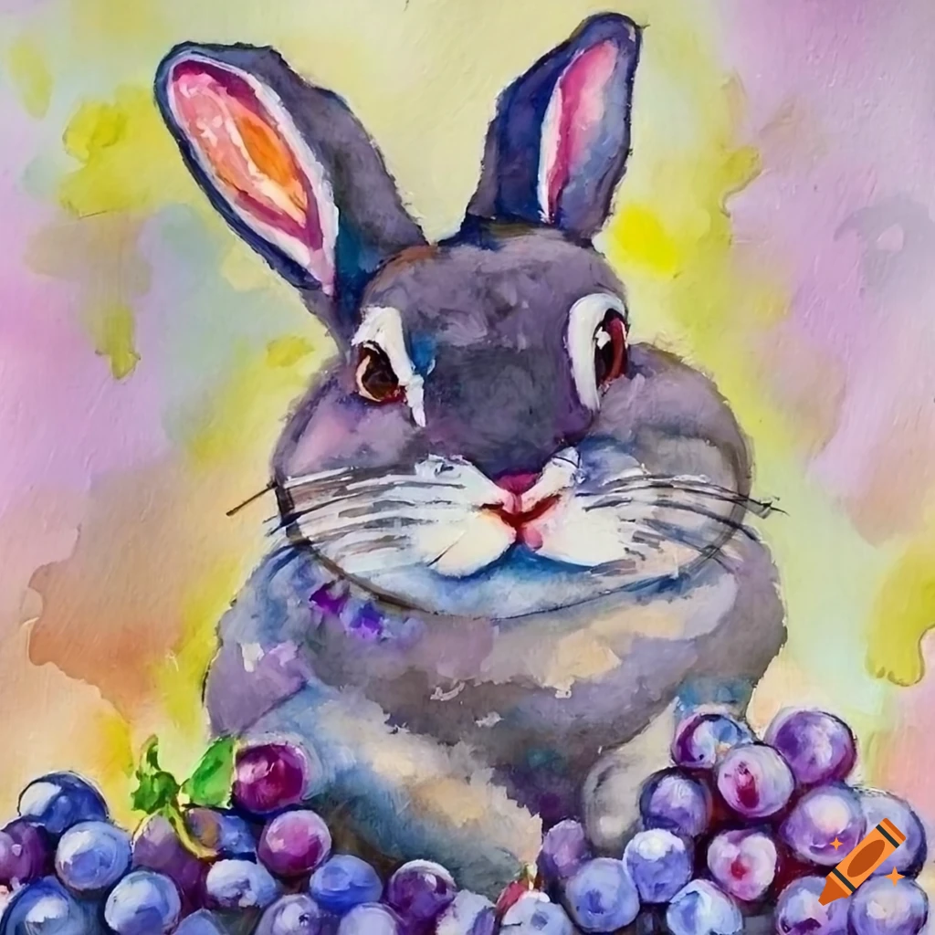 Oil painting of a chubby bunny eating grapes on Craiyon