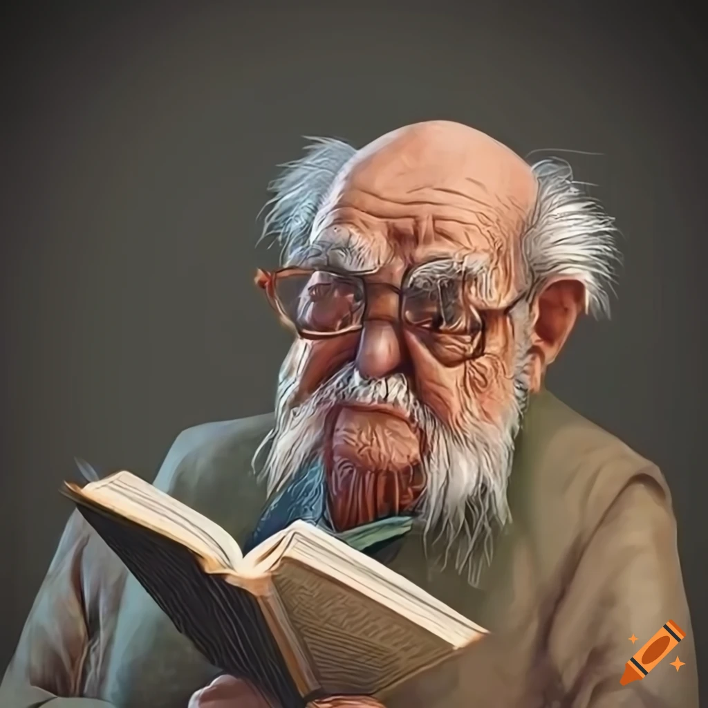 realistic cartoonish illustration of an old man reading a book