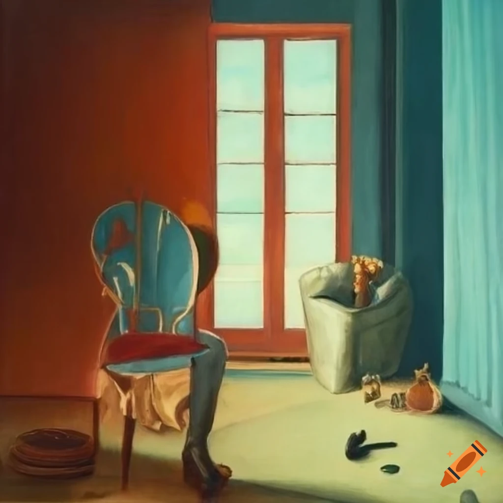surrealist painting of a shoe in a window-filled room