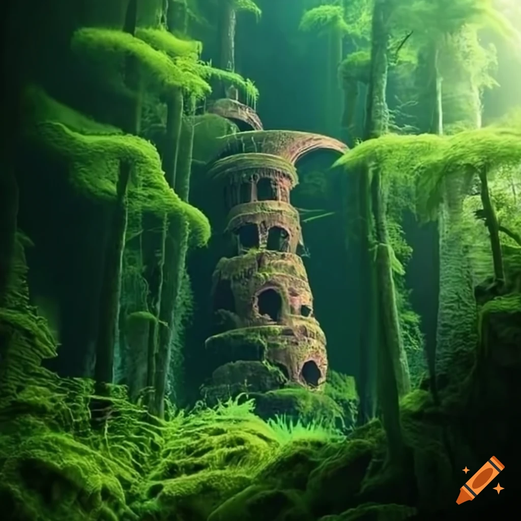 Moss covered Babel Tower In Fern Forest On Craiyon
