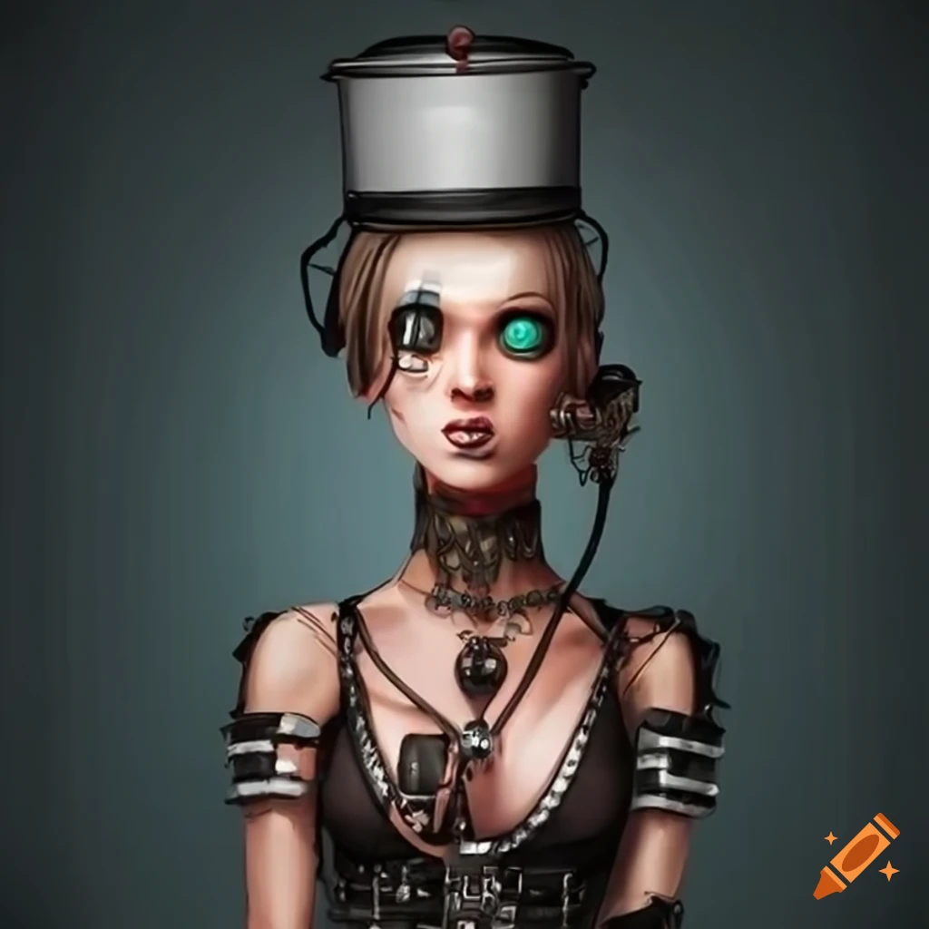 steampunk android girl with a bucket on her head