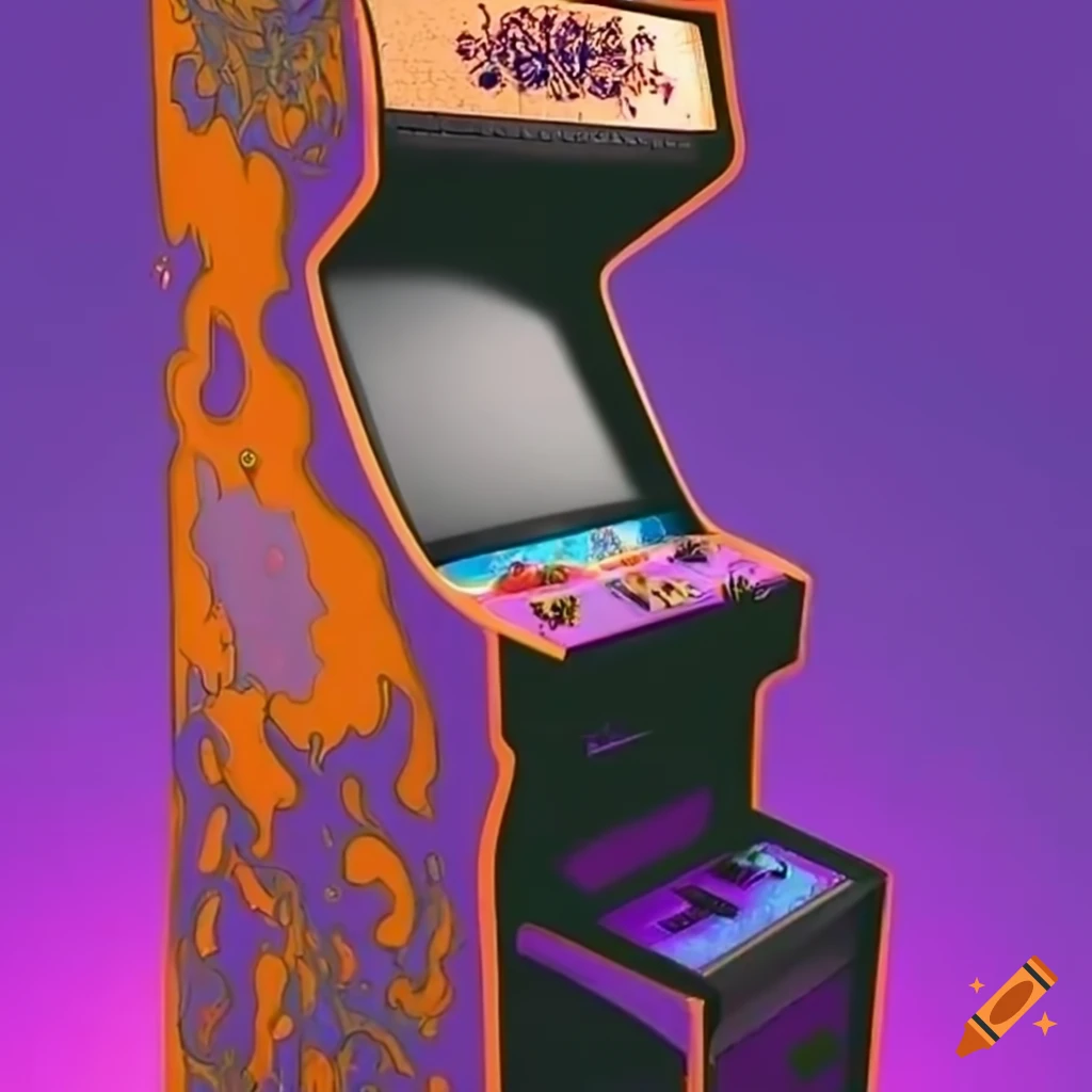 retrowave themed arcade machine in vibrant purple and orange