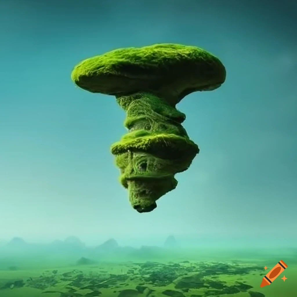 Floating stone structure over a fantasy town on craiyon