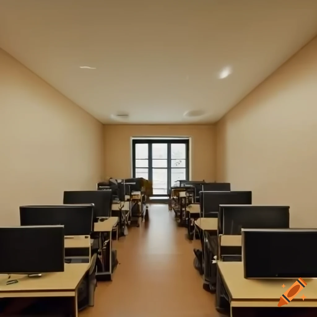 Computer lab with pcs and table in the middle on Craiyon