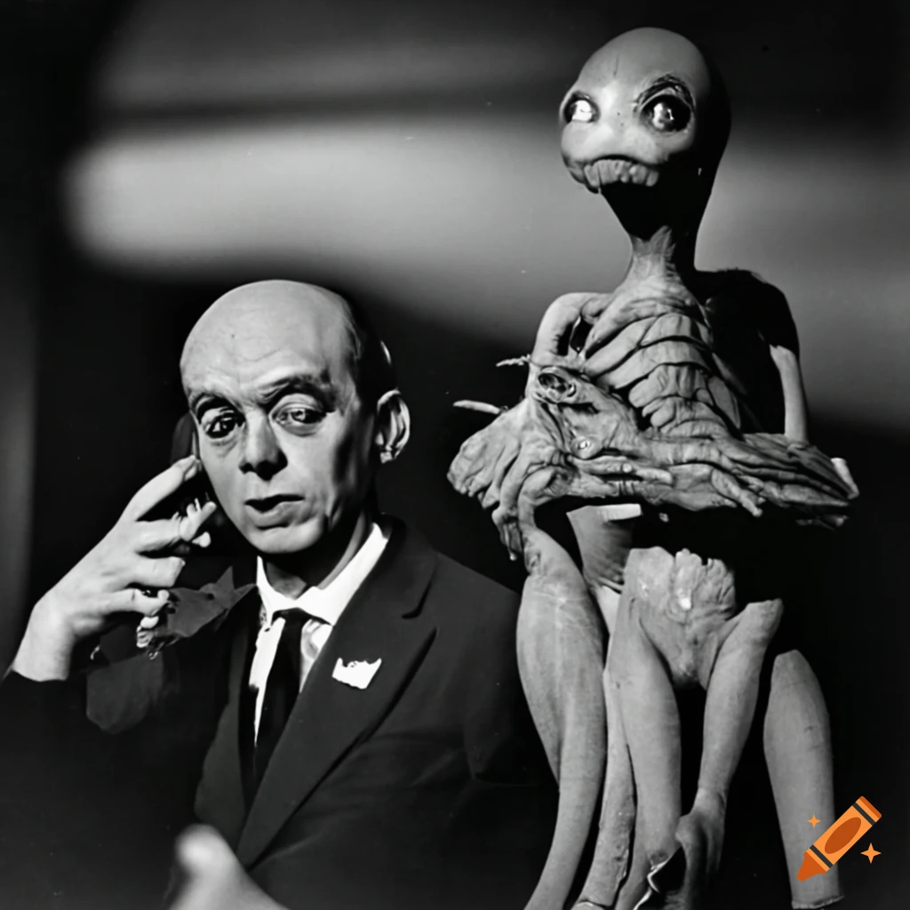 Black and white image of alien creatures standing at a roundtable on