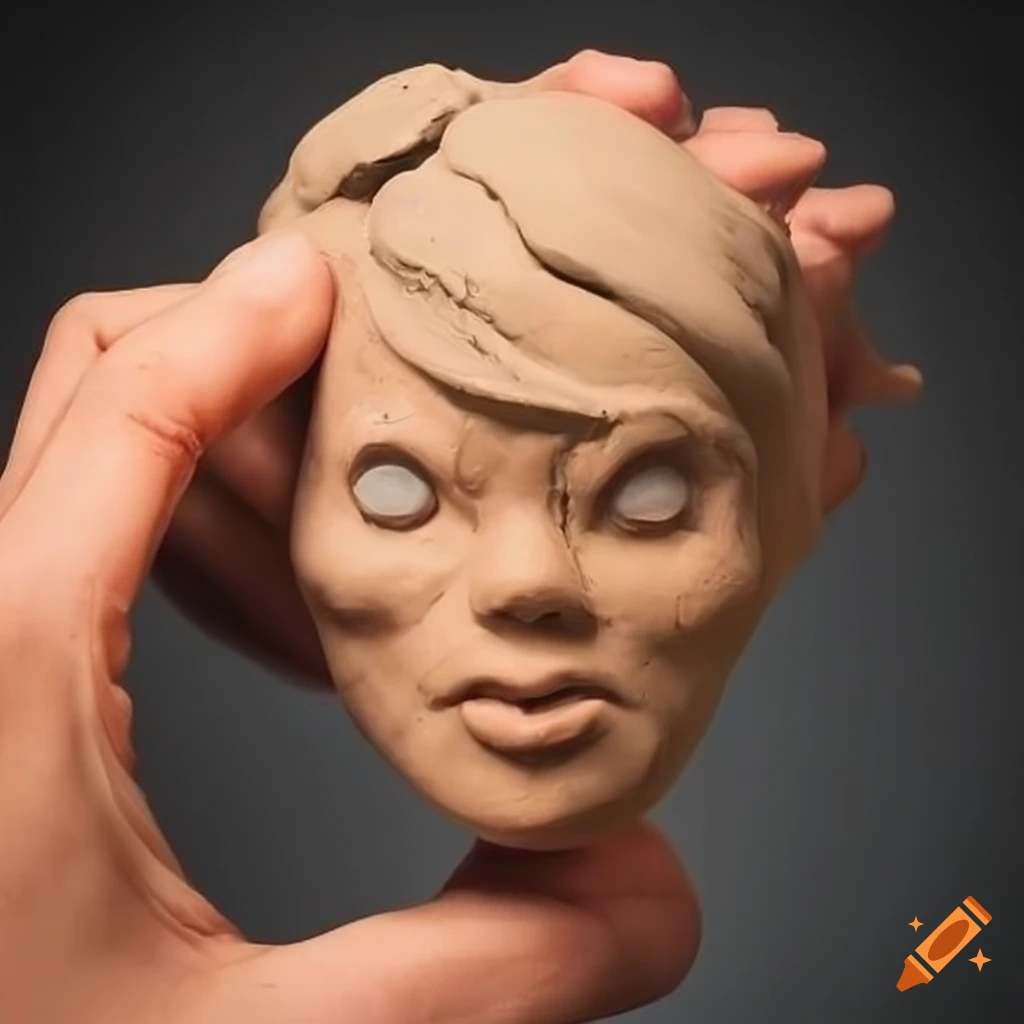 Clay model of hands sculpting a self-portrait