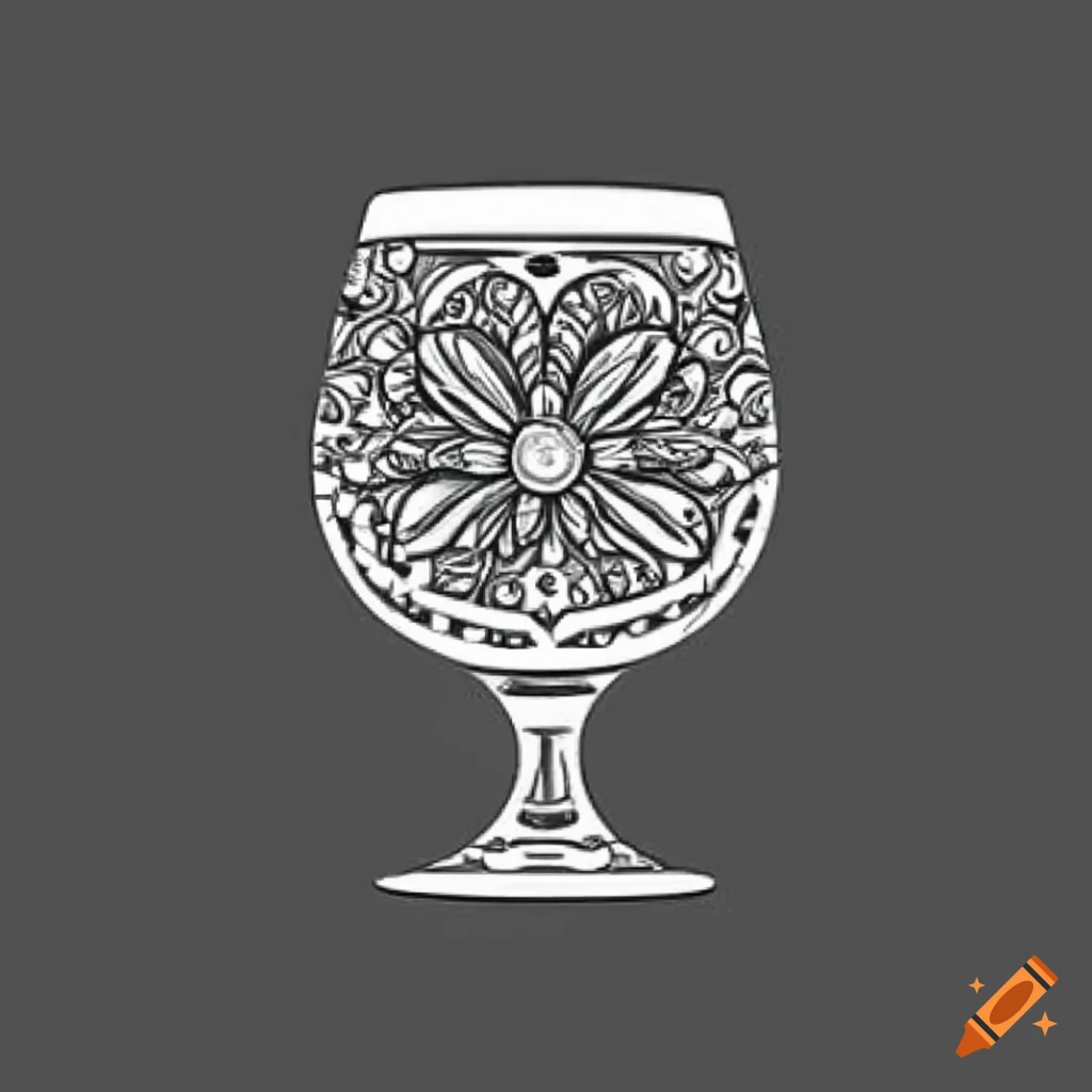 Intricate black and white wine glass drawing