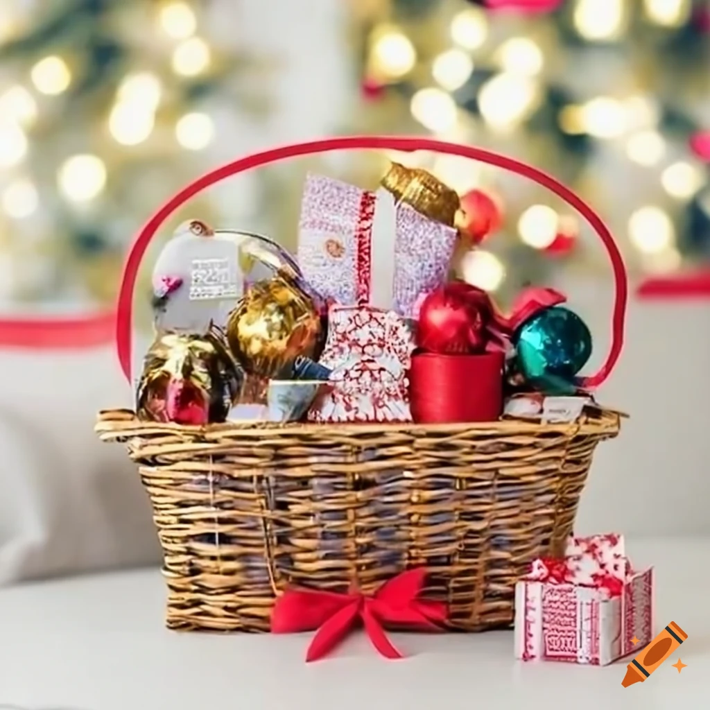 Festive gift baskets under a sparkling christmas tree on Craiyon