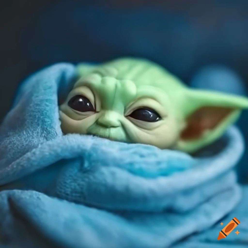 Newborn baby yoda in a blue blanket on Craiyon