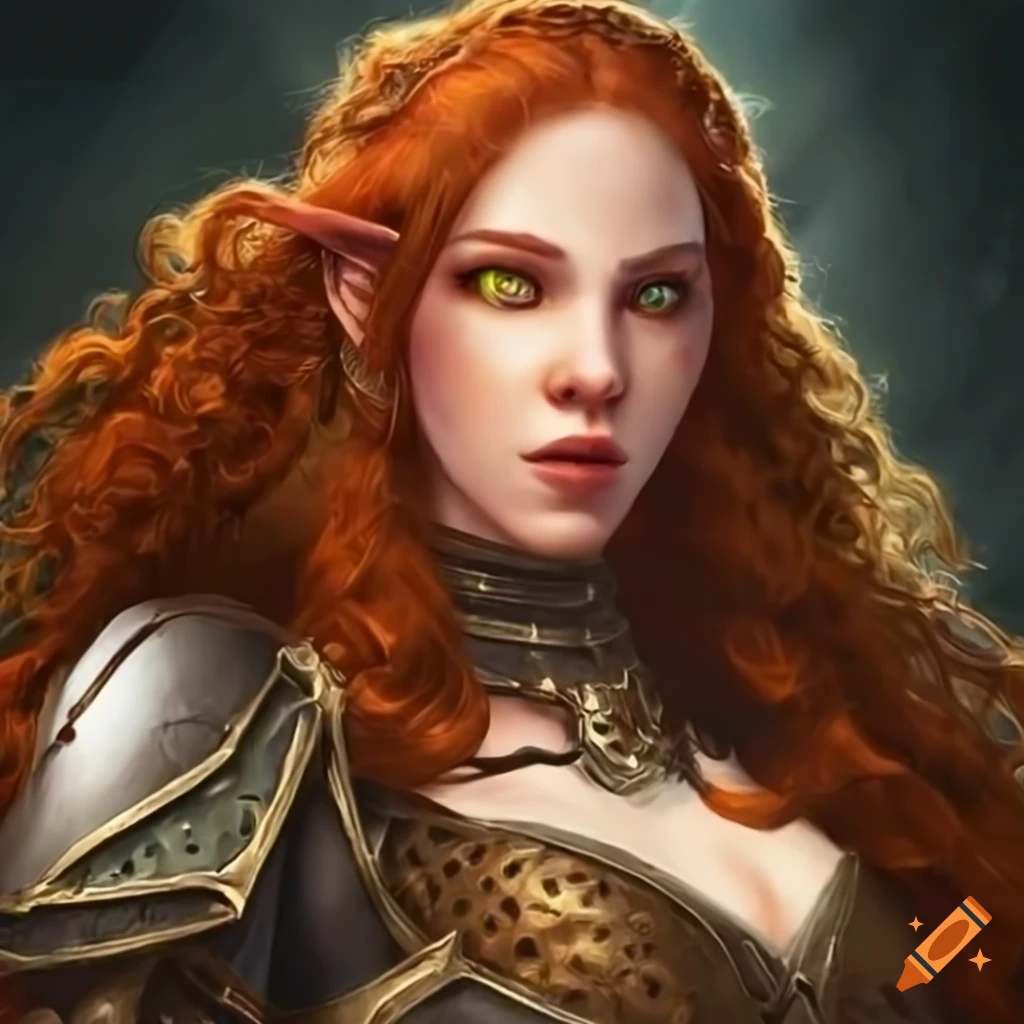 Illustration of a beautiful wizard wild elf woman in armor on Craiyon