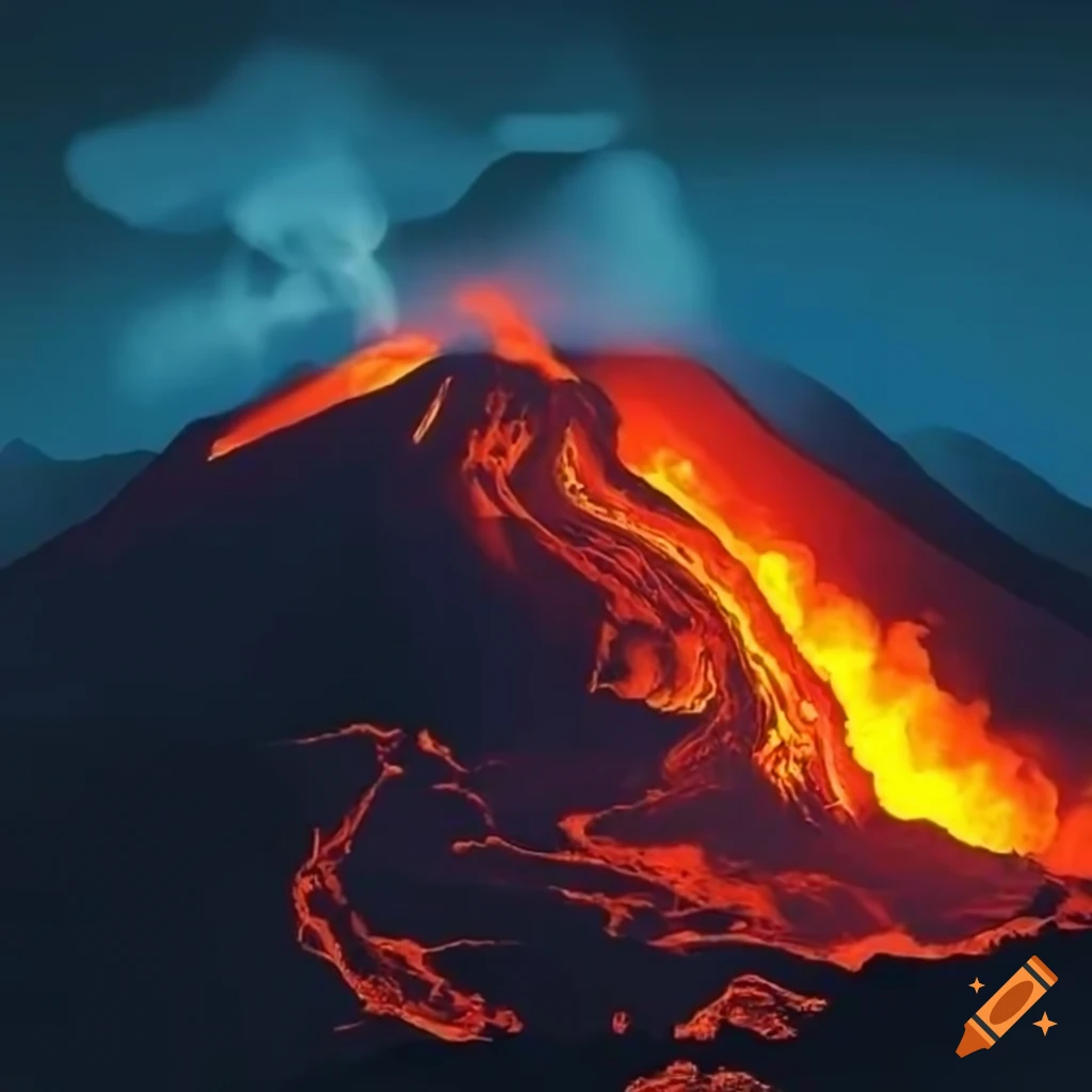 volcanic landscape with smoking volcano and flowing lava