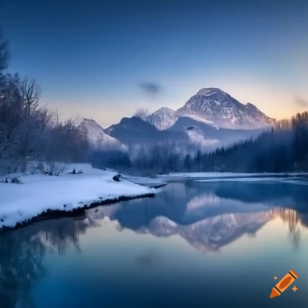 paisaje con nieve y rio