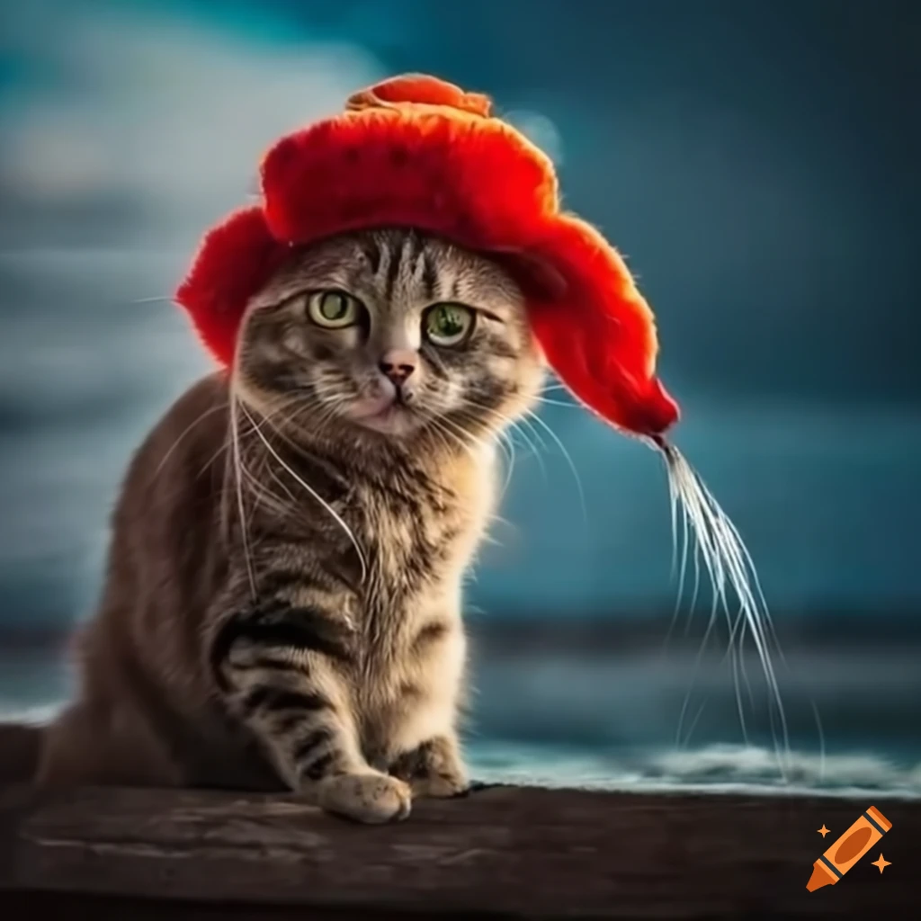 fashionable cat in a hat by the sea