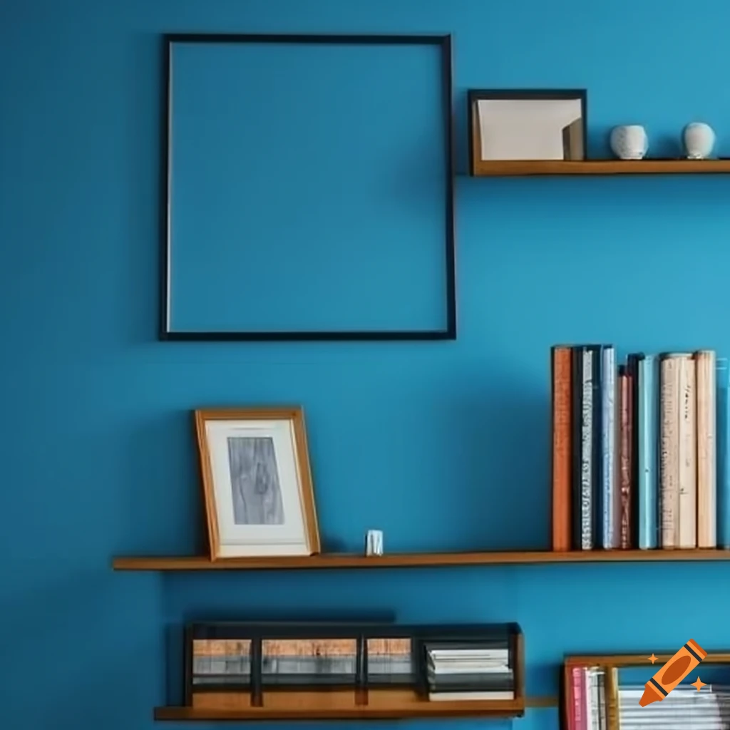 Blue wall with frames and bookshelf on Craiyon