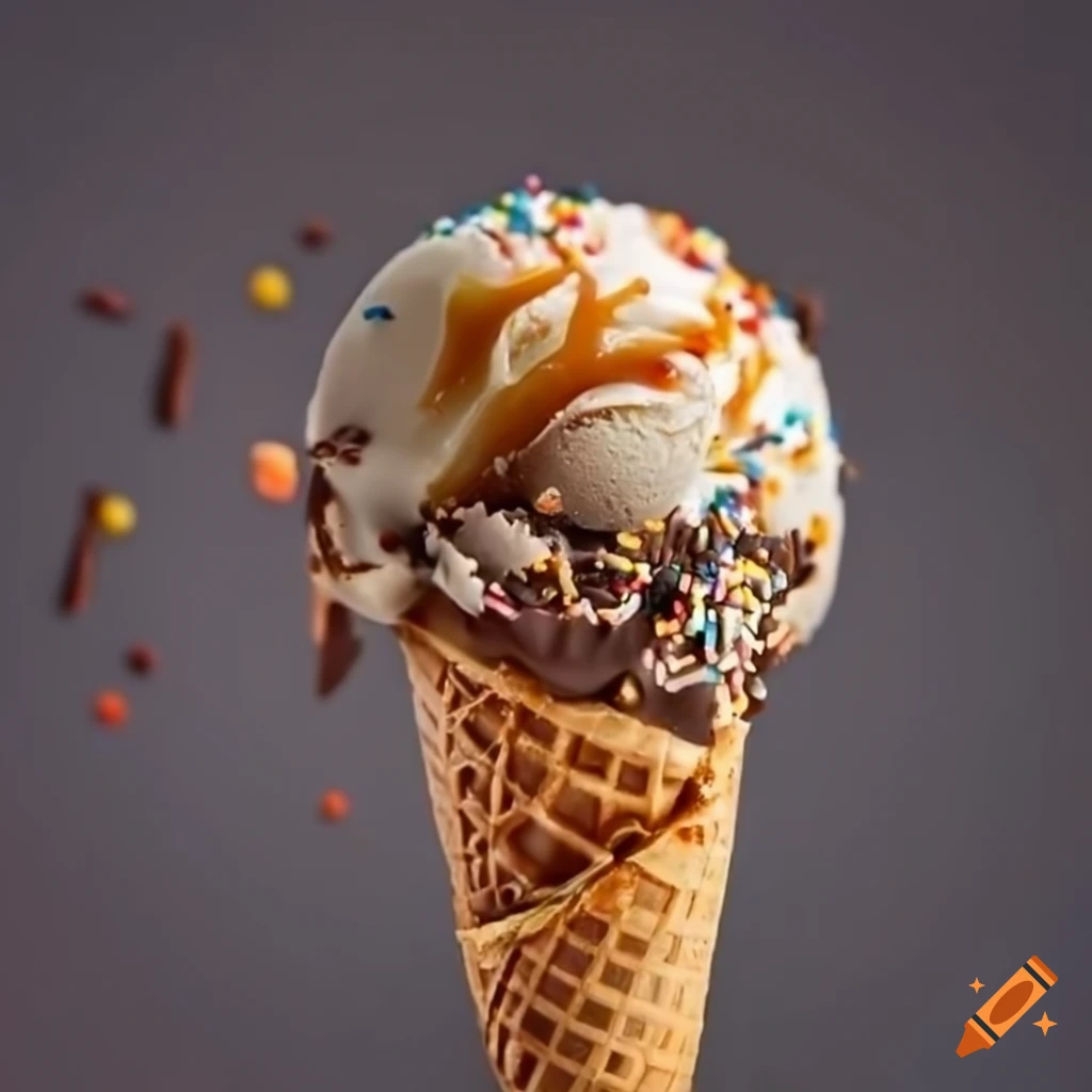 Double scoop salted caramel ice cream with chocolate flake and