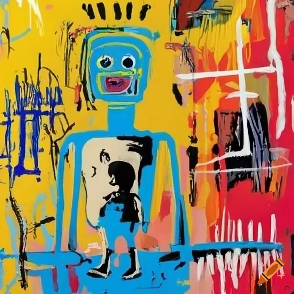 Basquiat painting of a flying jaguar sun dragon with jaguar skin and