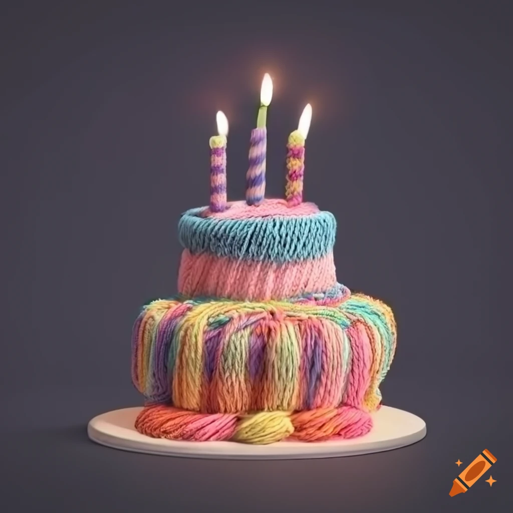 Colorful knitted yarn birthday cake on Craiyon