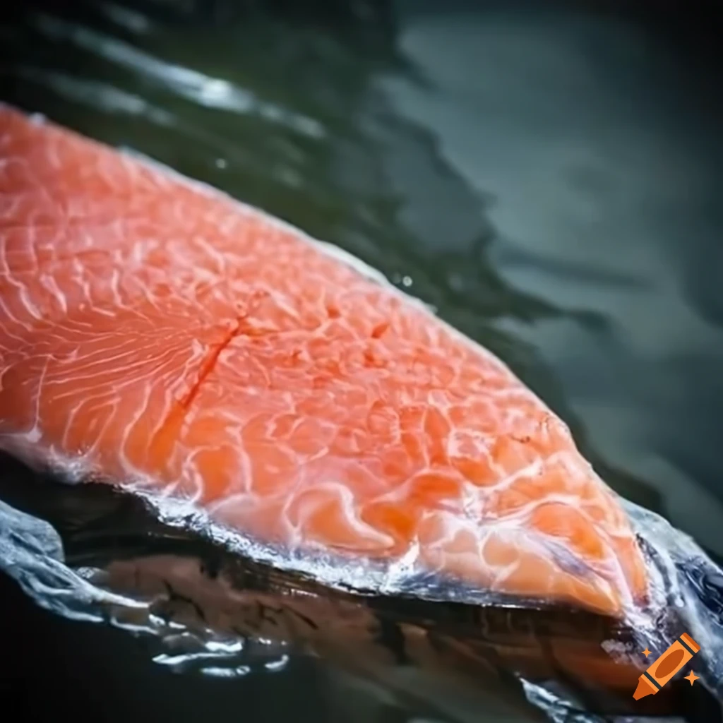 Fresh raw salmon meat in the river on Craiyon