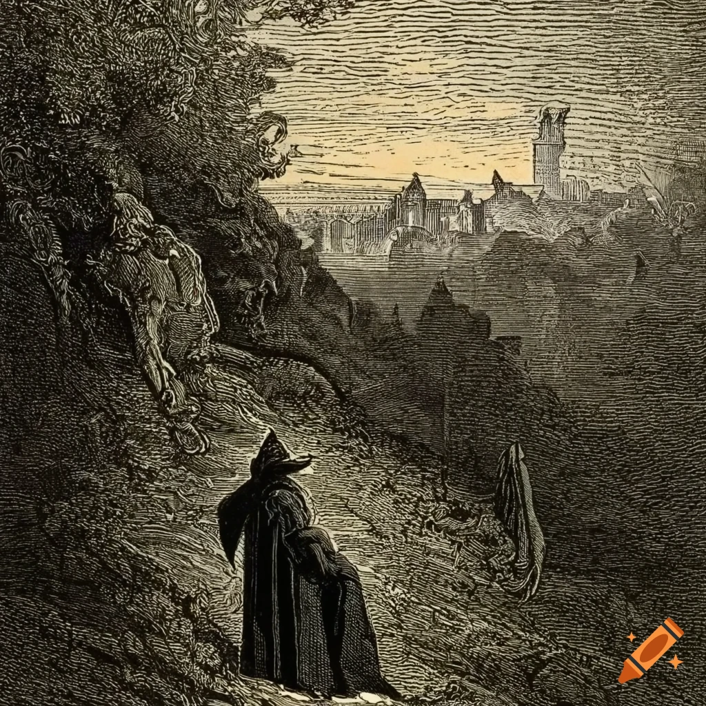 Coloured engraving of a hooded man on a hill with a castle on Craiyon