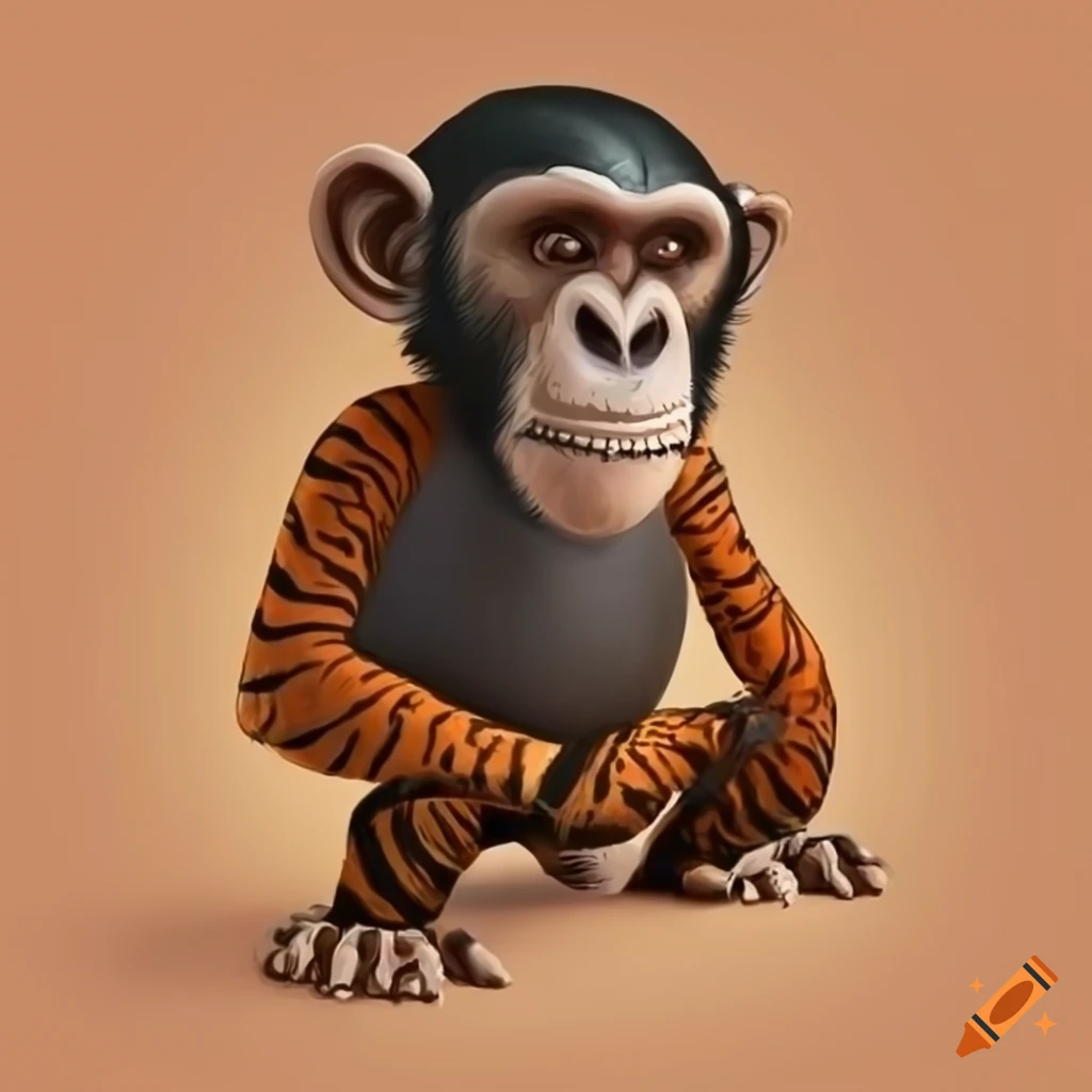 cartoonish hybrid illustration of tiger legs, chimpanzee body, and scorpion tail