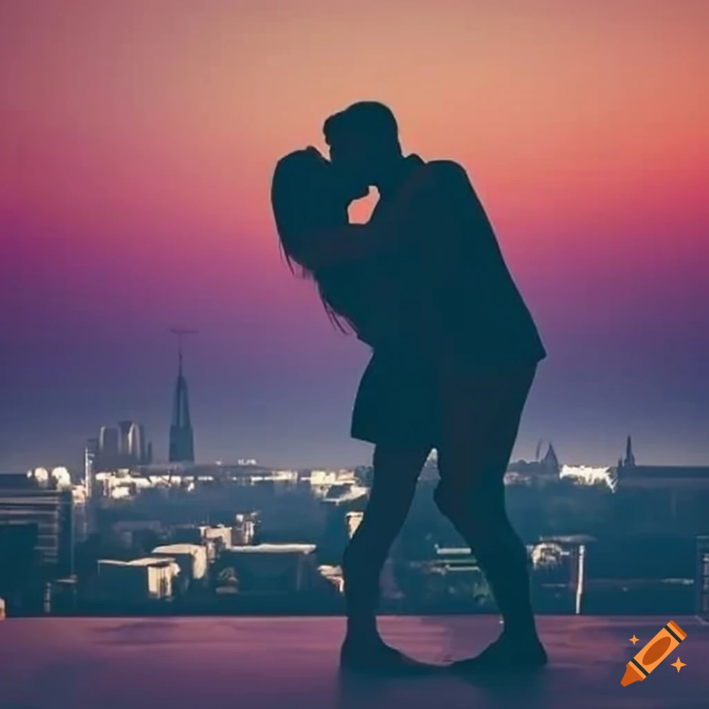 Silhouette Of Lovers Embracing At Sunrise