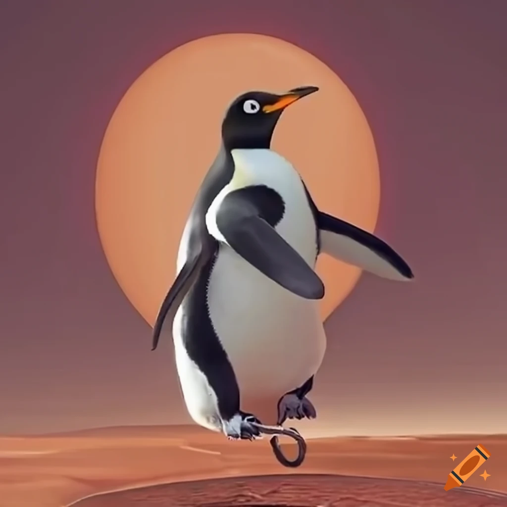 penguin riding a unicycle on mars