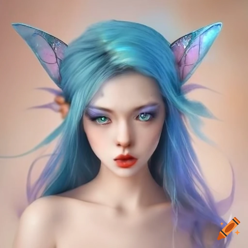 Digital artwork of a blue-haired fairy sitting in a mushroom ring