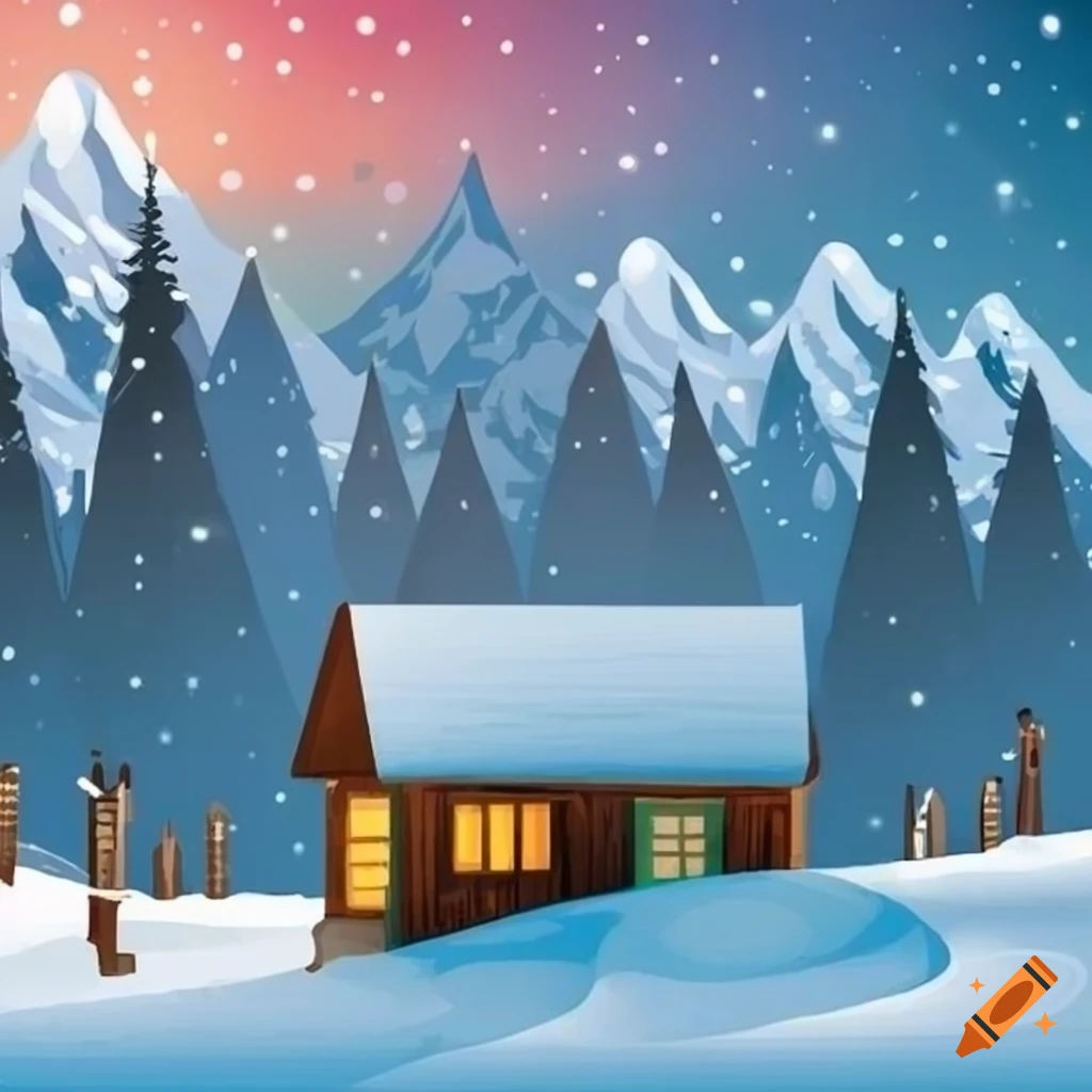 illustration of a cozy cabin in snowy mountains