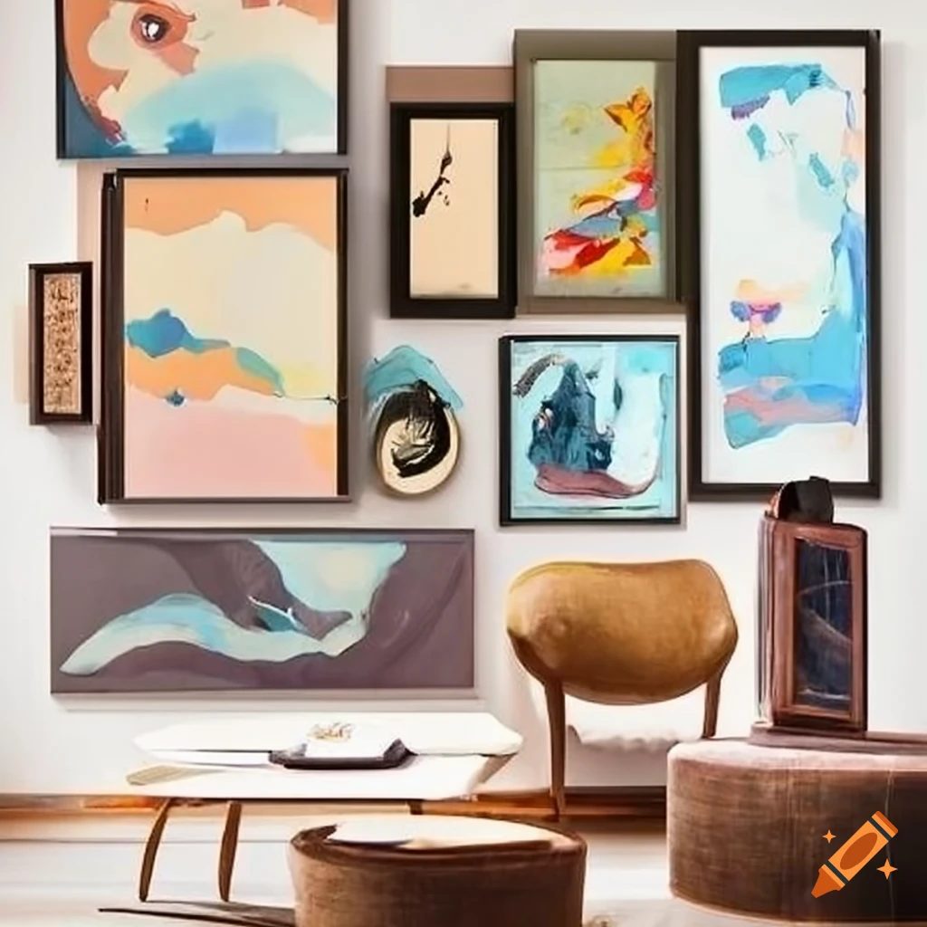 Eclectic Art Pieces Displayed On A Gallery Wall On Craiyon