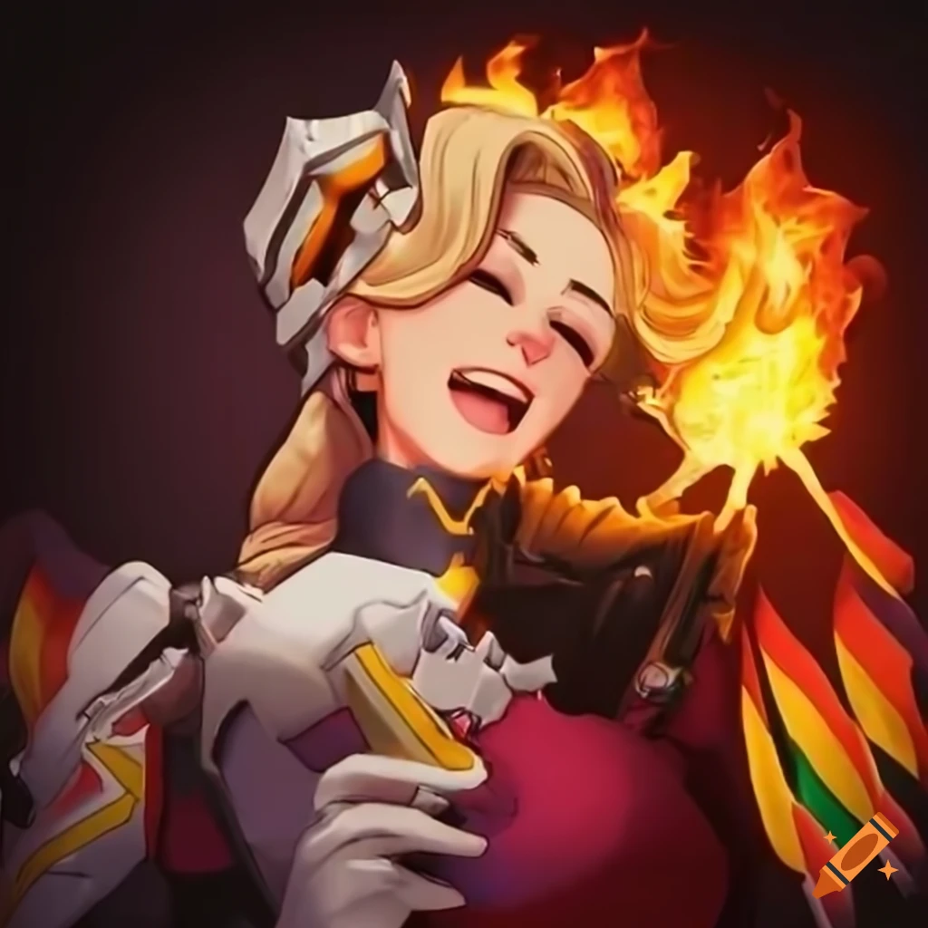 Image of mercy from overwatch with a burning pride flag on Craiyon