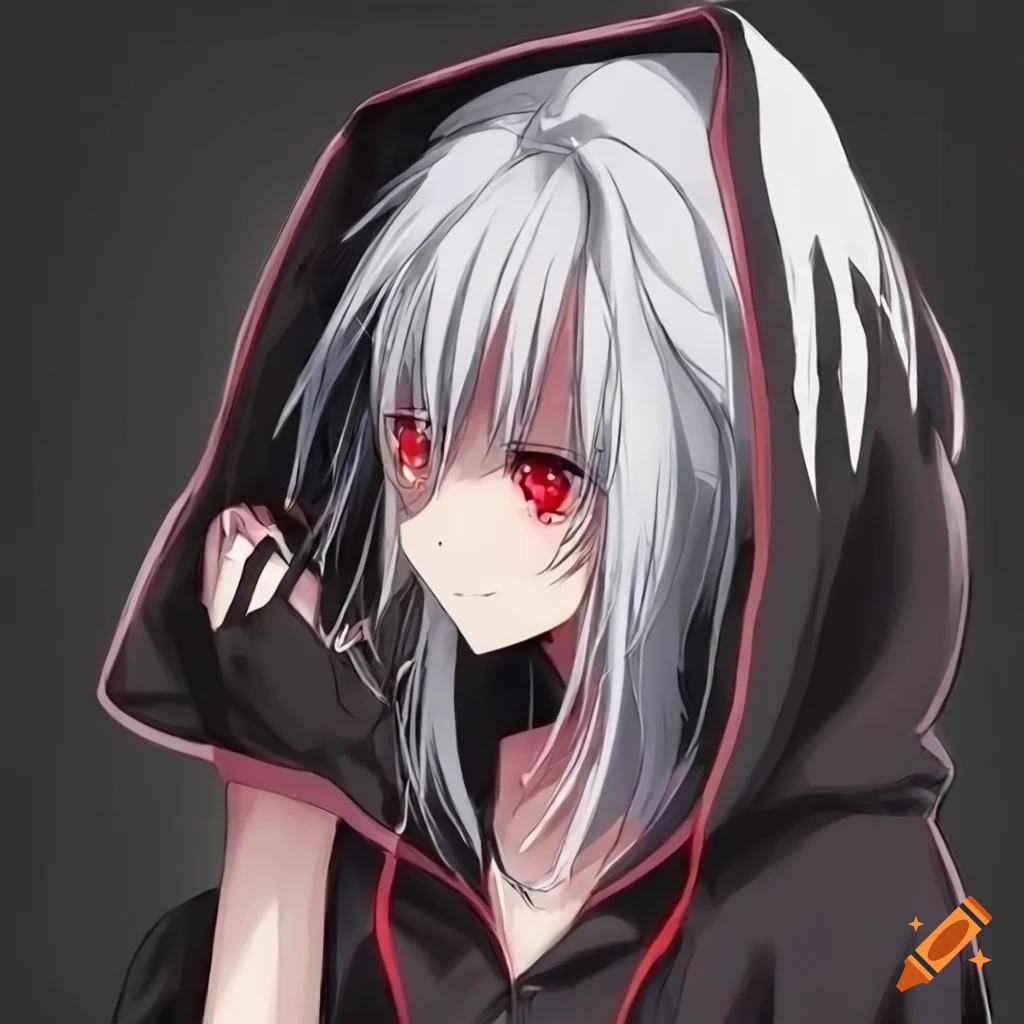 Anime girl with white hair and red eyes in a black hoodie