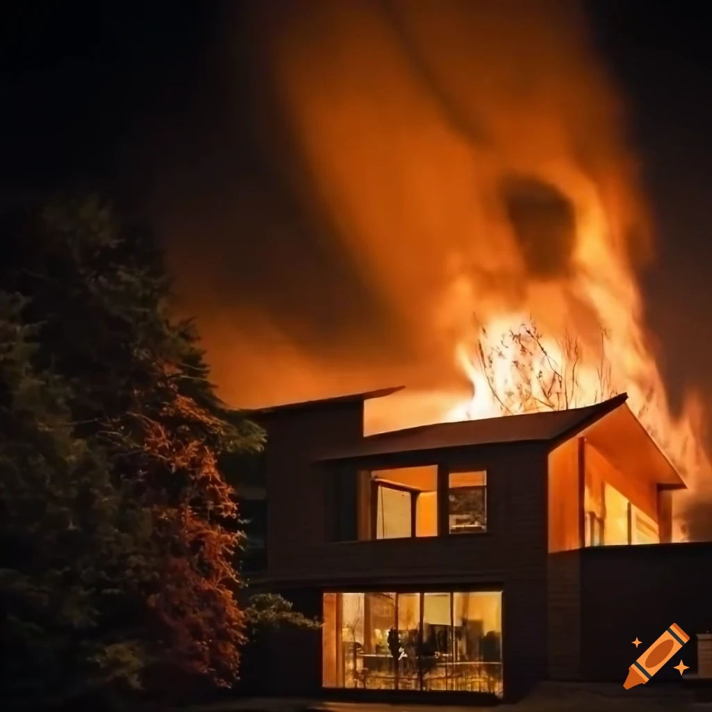 Night view of a fire in a modern japanese house