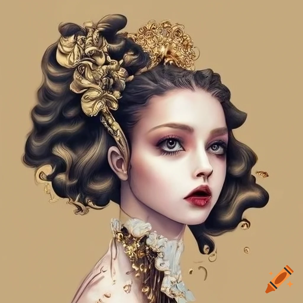 surrealistic artwork with black hair spread out in golden clouds