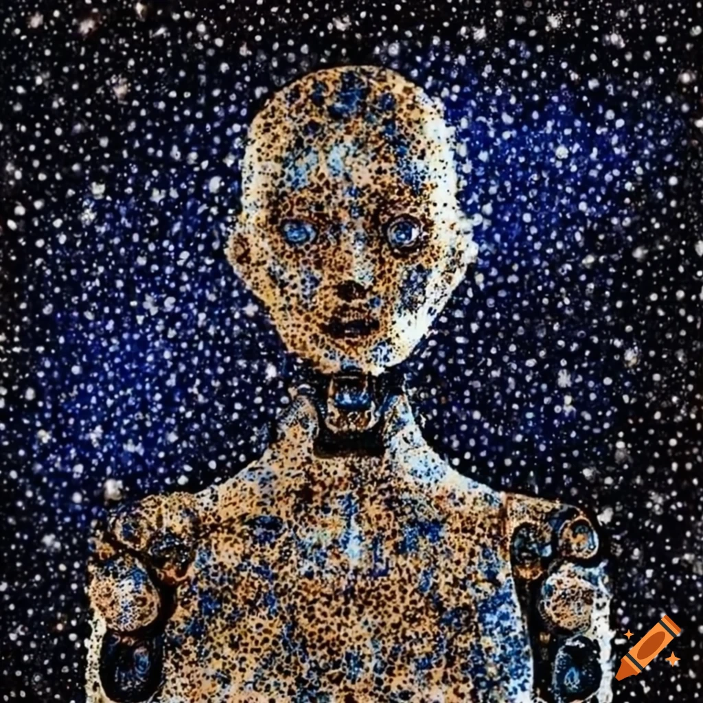 detailed pointillism painting of a female robot
