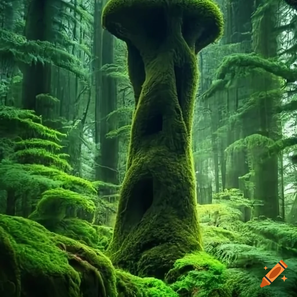 Mosscovered tower trees in fern forest on Craiyon