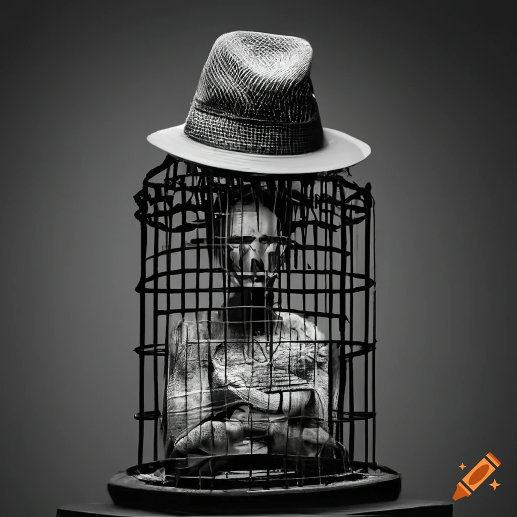 Portrait of a man in a cage with a hat