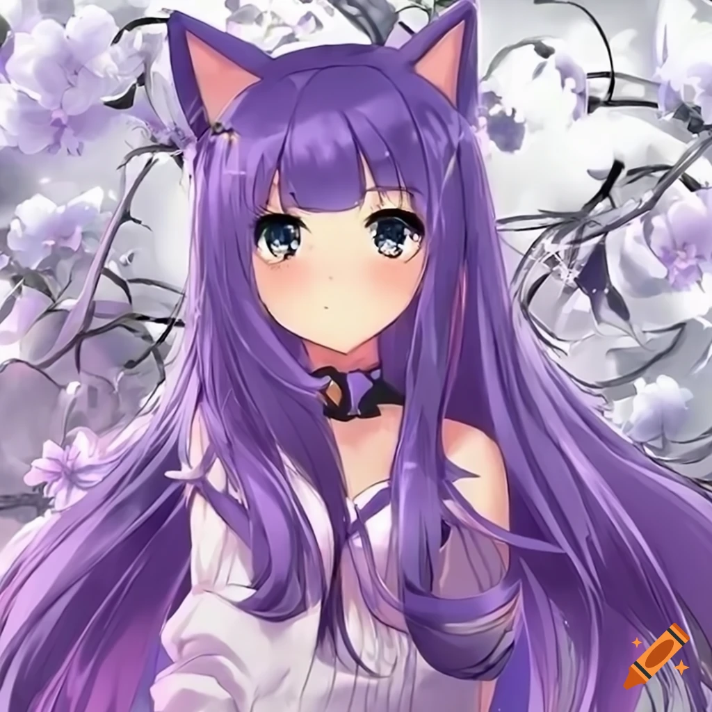 Shy anime cat girl with orchid purple hair on Craiyon