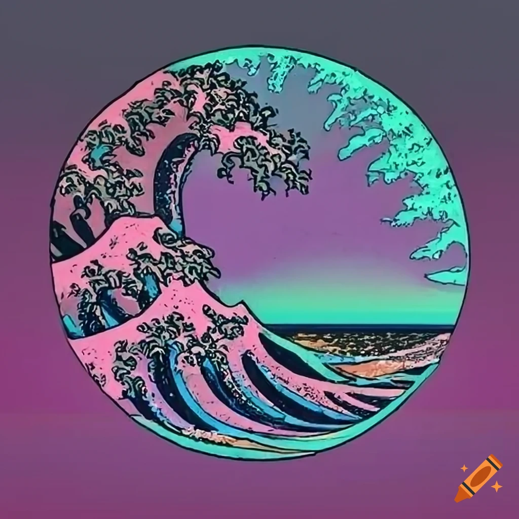 Vibrant vaporwave artwork of kanagawa wave on Craiyon
