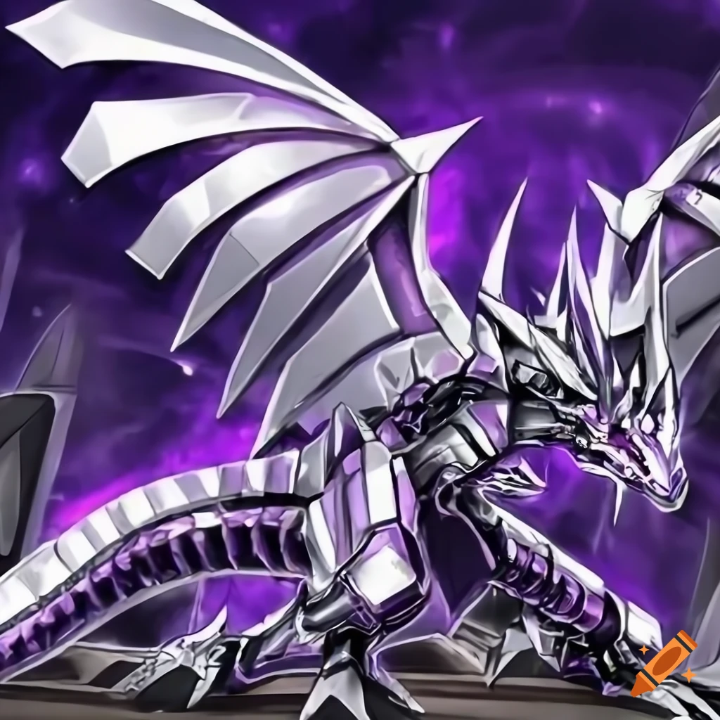 Yu-Gi-Oh artwork of a metallic dragon with purple eyes