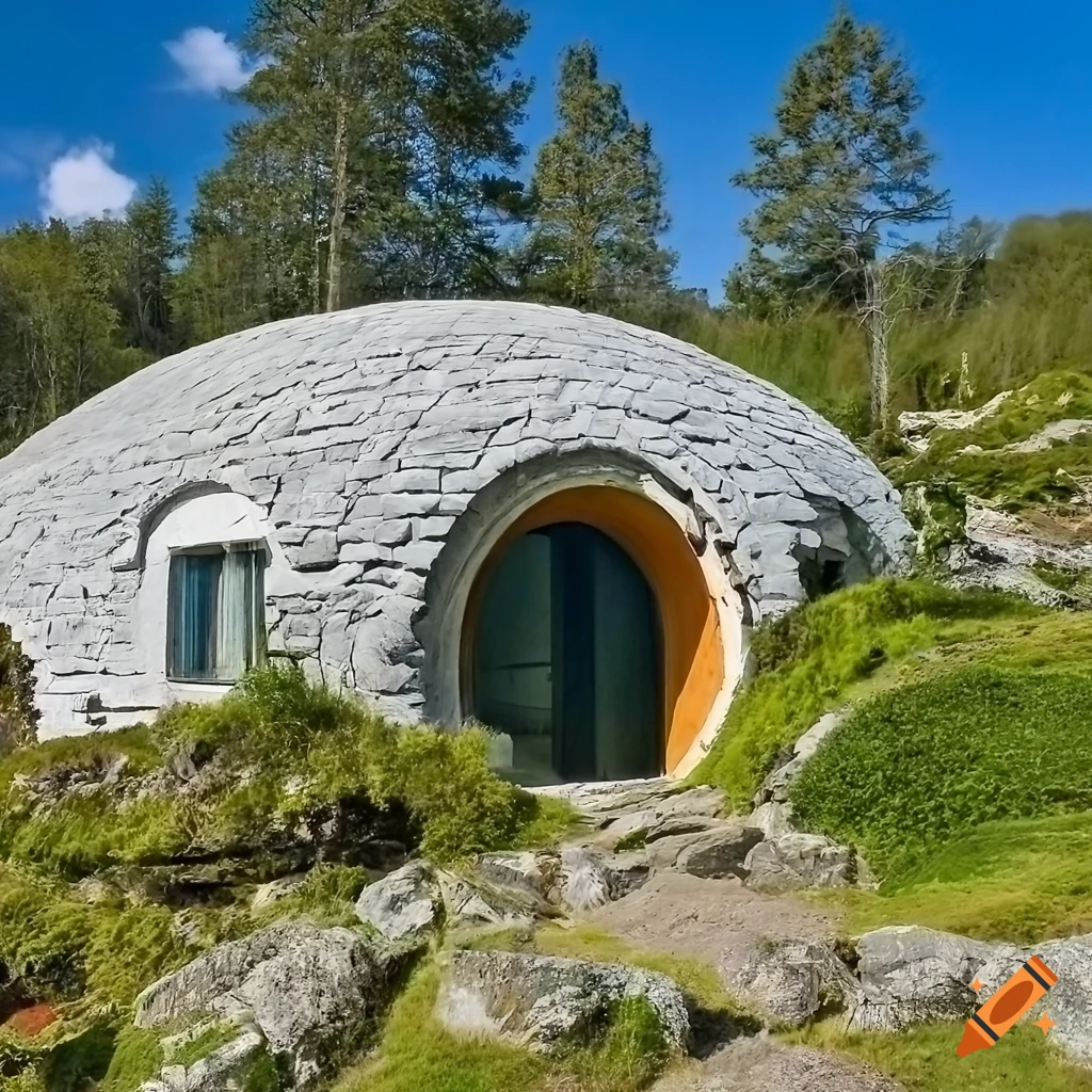 Photograph of a modern hobbit house on a mossy mountain on Craiyon