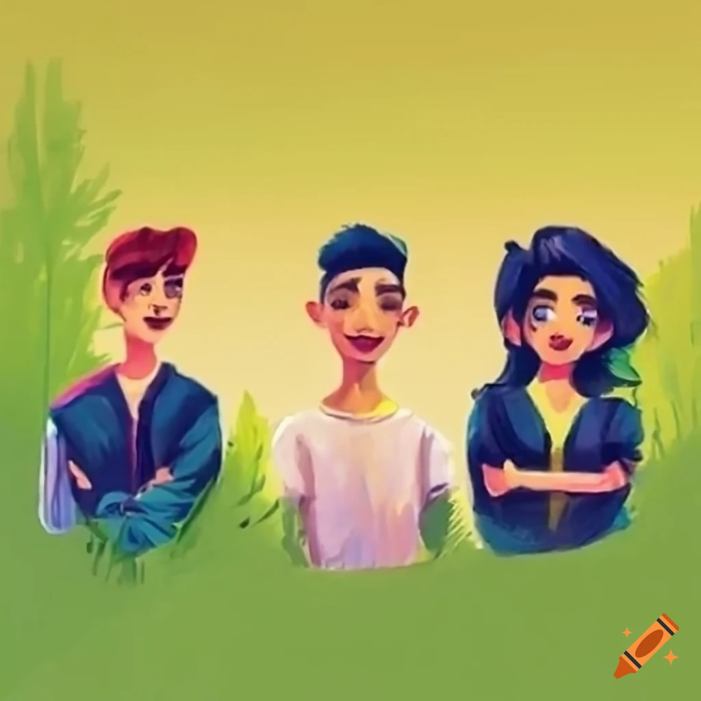 painting of two happy teenagers in a dark forest