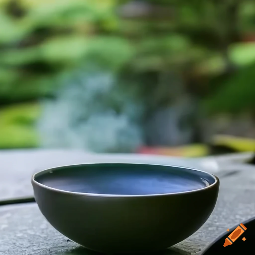 steaming tea cup in a serene Japanese garden