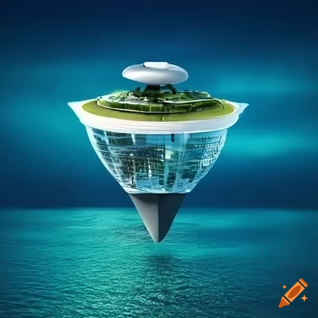 Futuristic floating island office with transparent walls