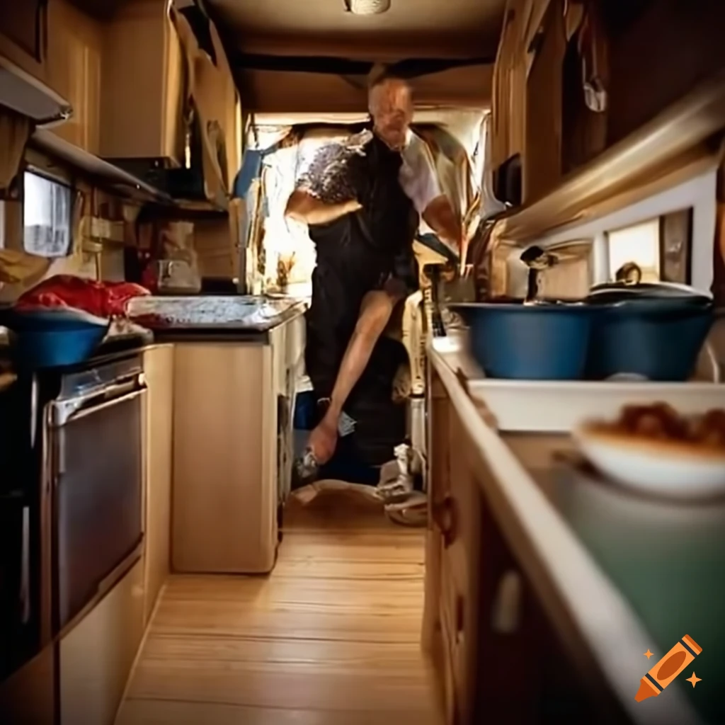 man cooking in a cluttered trailer kitchen