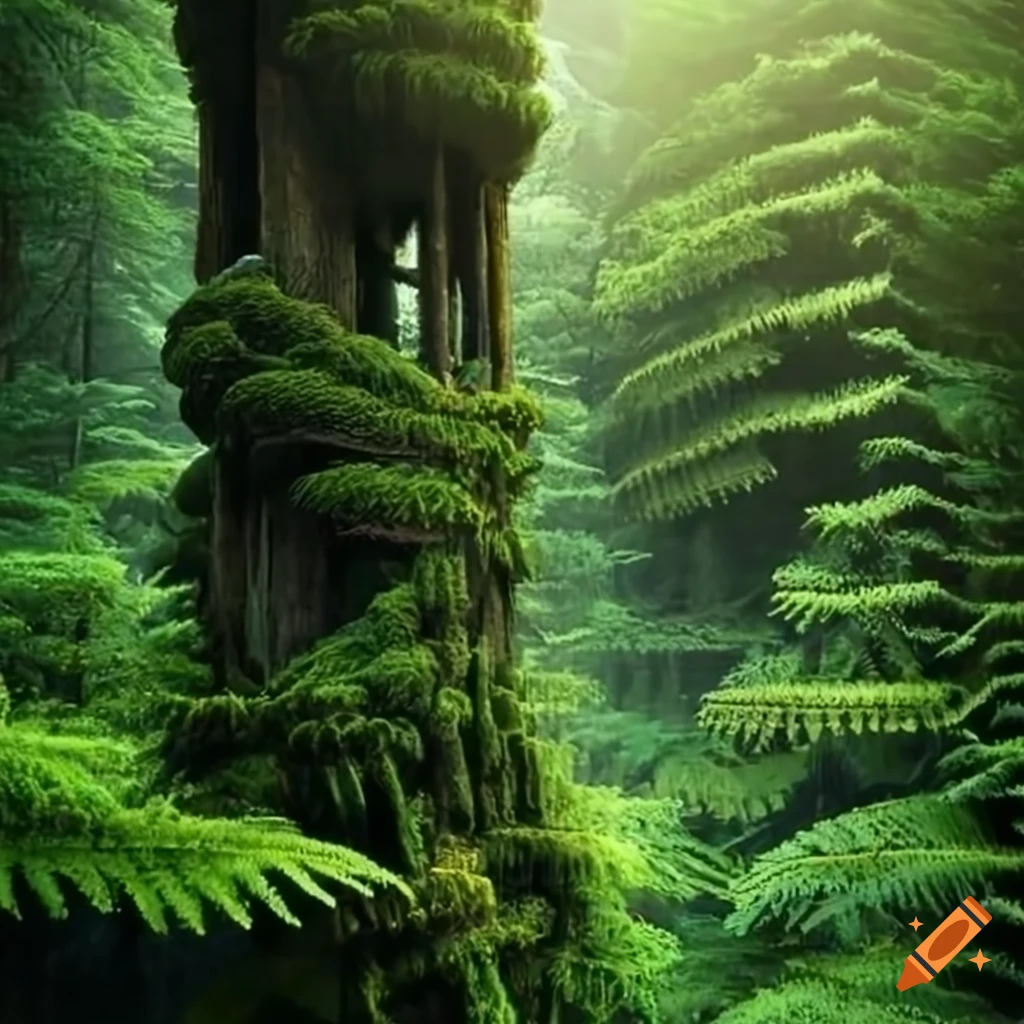 towering trees covered in ferns in a cliffside forest